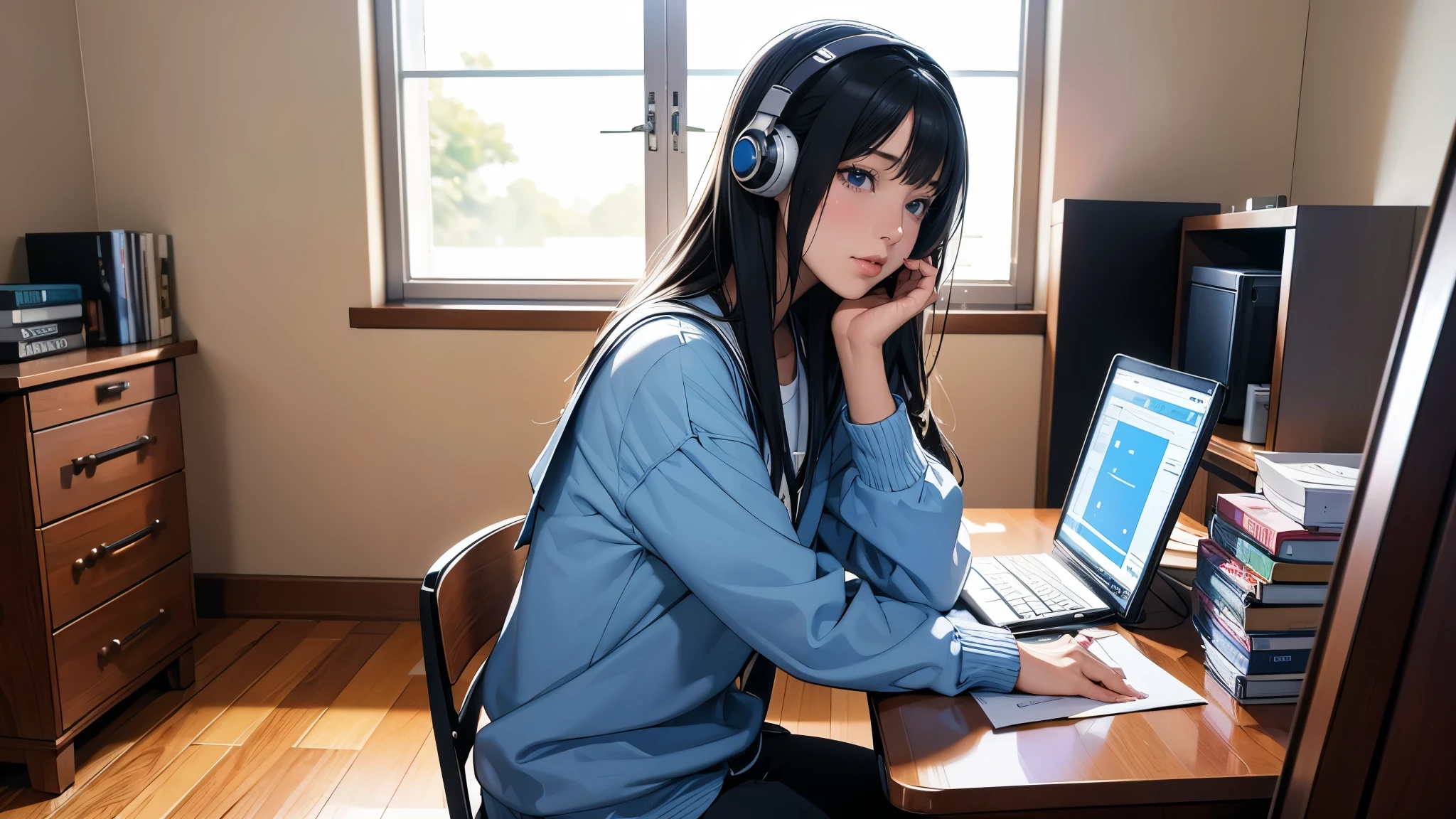 Ultra HD、super high quality、masterpiece、detailed、8K、The place is your room、A high school girl in her room1Person sitting and listening to music on headphones、Studying at a desk、The room is small、15-year-old high school girl、The high school girl is Russian and has long black hair.、Has blue eyes、Has a glamorous figure、The clothes she's wearing are her uniform、Or wearing a uniform、Pretty sexy、Lo-Fi images,The background is blurred、Nostalgic and relaxing atmosphere、The decorations are retro.、Late Night、The light is a desk lamp