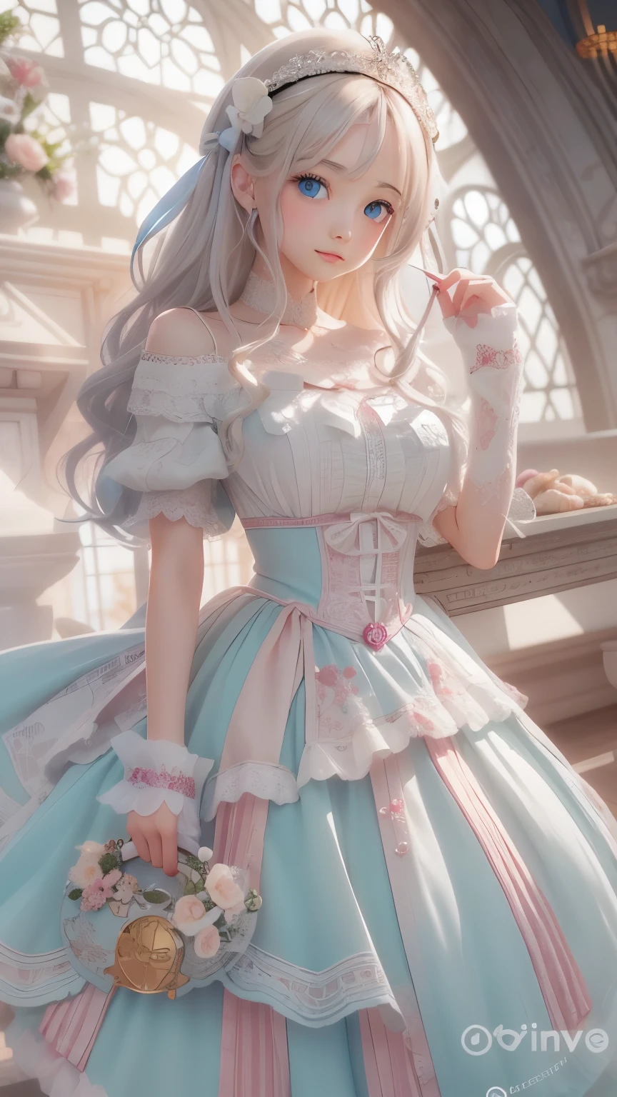 There is a woman in a white dress holding a music box, artwork in the style of Gwaiz, Gwaiz on pixiv artstation, Gwaiz on artstation pixiv, Gwaiz, Fantasy art style, Gwaiz masterpiece, Beautiful and elegant queen, Beautiful character drawings, Detailed digital anime art, Blonde Princess, Gray Hair, Sky blue eyes, Pink Lips