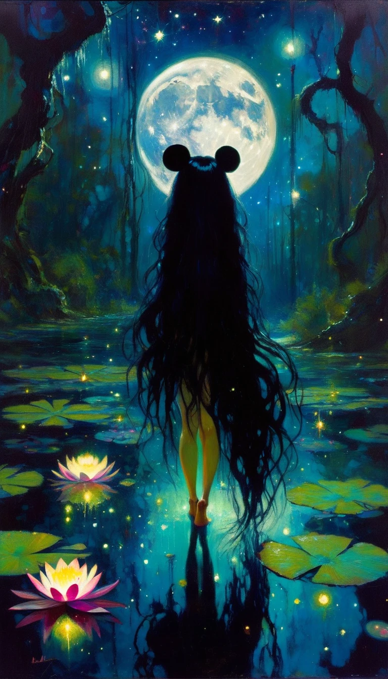 magical girl with her pet mouse, very long black hair, naked communing with nature and night magic, sinister swamp with water lilies, magic, fantastic, night sky, moons, stars, background, (art inspired by Bill Sienkiewicz ). oil painting)