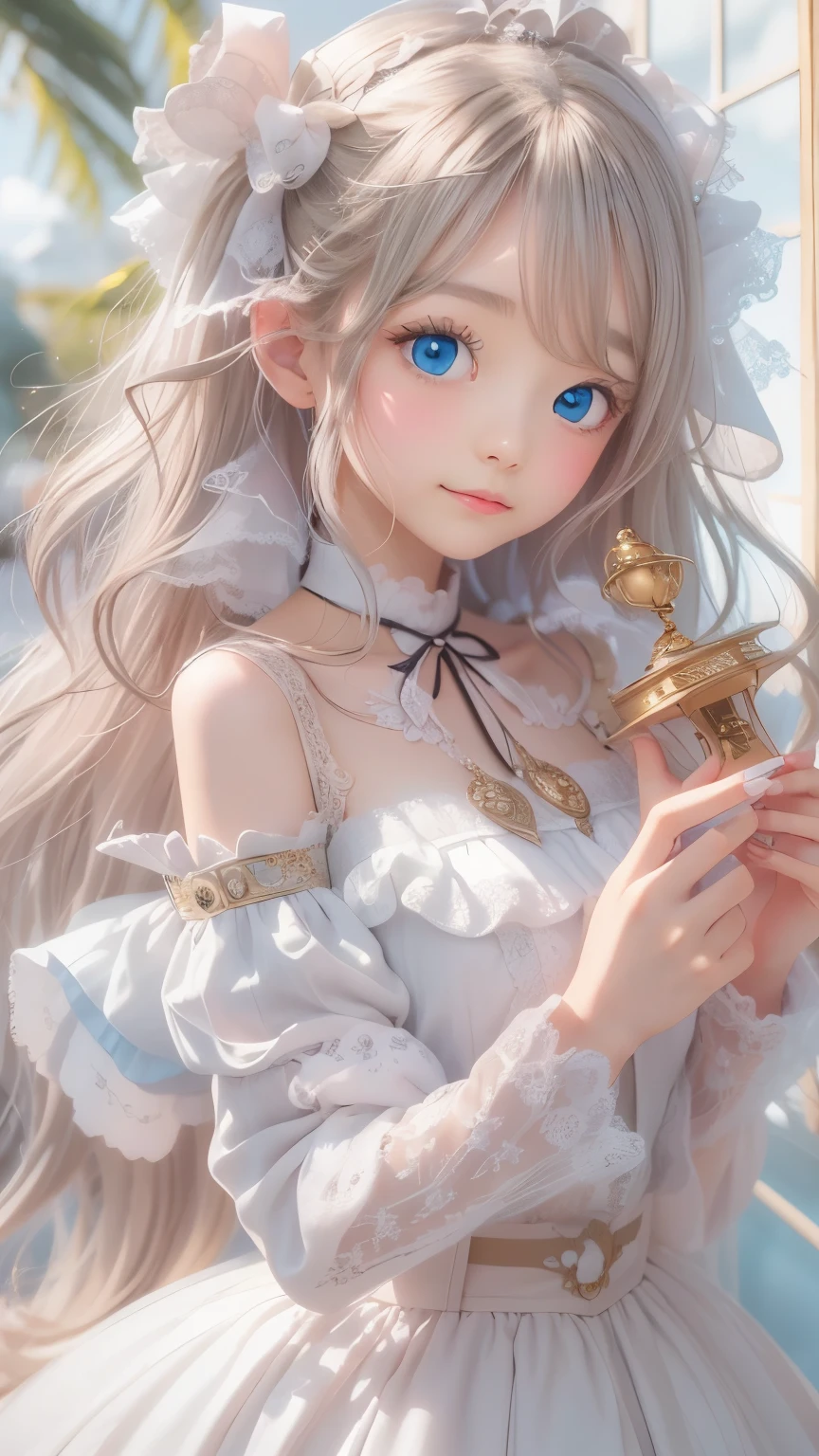 There is a woman in a white dress holding a music box, artwork in the style of Gwaiz, Gwaiz on pixiv artstation, Gwaiz on artstation pixiv, Gwaiz, Fantasy art style, Gwaiz masterpiece, Beautiful and elegant queen, Beautiful character drawings, Detailed digital anime art, Blonde Princess, Gray Hair, Sky blue eyes, Pink Lips