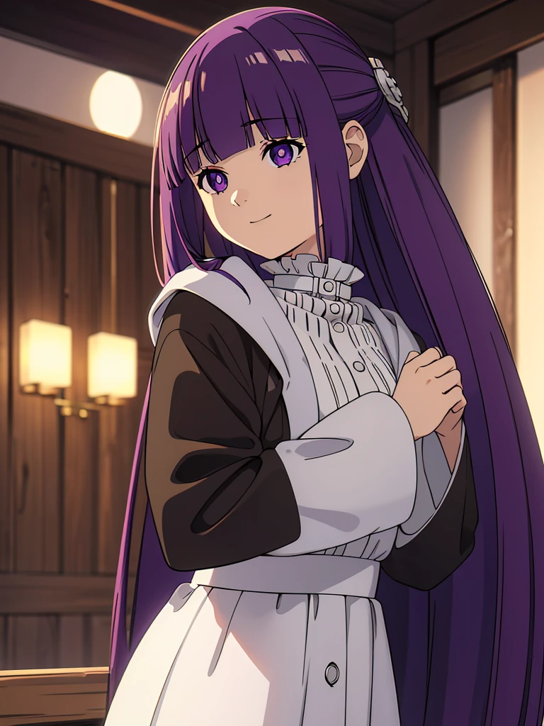 è²ä¼¦,1girl,solo,purple hair,long hair,purple eyes,blunt bangs,sidelocks,half updo,bright pupils, hair ornament,frilled collar,black robe,white dress,center frills,buttons,wide sleeves,long sleeves,curvy,cowboy shot,brown coat,from side,smile,, Exquisite visuals, high-definition,masterpiece,best quality,, 20yo,Young female,Beautiful Finger,Beautiful long legs,Beautiful body,Beautiful Nose,Beautiful character design, perfect eyes, perfect face,expressive eyes, looking at viewer, official art,extremely detailed CG unity 8k wallpaper, perfect lighting,Colorful, Bright_Front_face_Lighting,shiny skin, (masterpiece:1.0),(best_quality:1.0), ultra high res,4K,ultra-detailed, photography, 8K, HDR, highres, absurdres:1.2, Kodak portra 400, film grain, blurry background, bokeh:1.2, lens flare, (vibrant_color:1.2), (beautiful_face:1.5),(narrow_waist), 