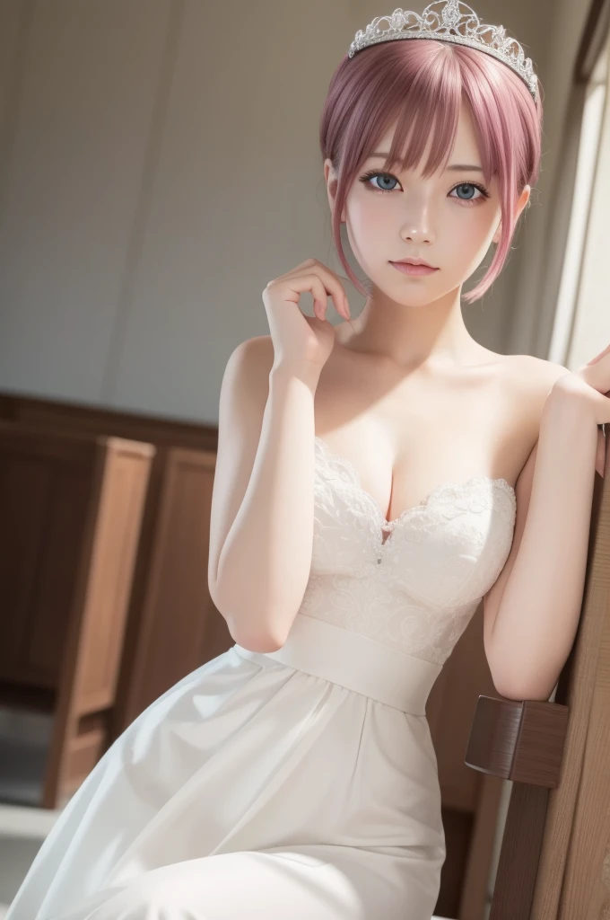 ichikanakano, ichika nakano, short hair, bangs, blue eyes, hair between eyes, pink hair, earrings,
BREAK gloves, dress, cleavage, bare shoulders, collarbone, elbow gloves, white gloves, white dress, strapless, tiara, veil, strapless dress, wedding dress, bridal veil,
BREAK indoors, church,
BREAK looking at viewer, BREAK (masterpiece:1.2), best quality, high resolution, unity 8k wallpaper, (illustration:0.8), (beautiful detailed eyes:1.6), extremely detailed face, perfect lighting, extremely detailed CG, (perfect hands, perfect anatomy),