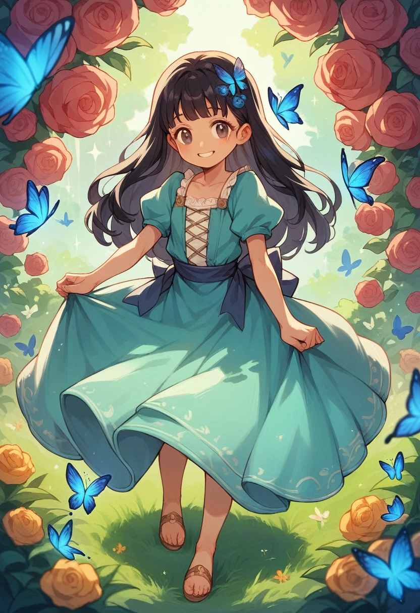 A 1 year old baby with dark hair, with princess dress, smiling in an enchanted butterfly garden