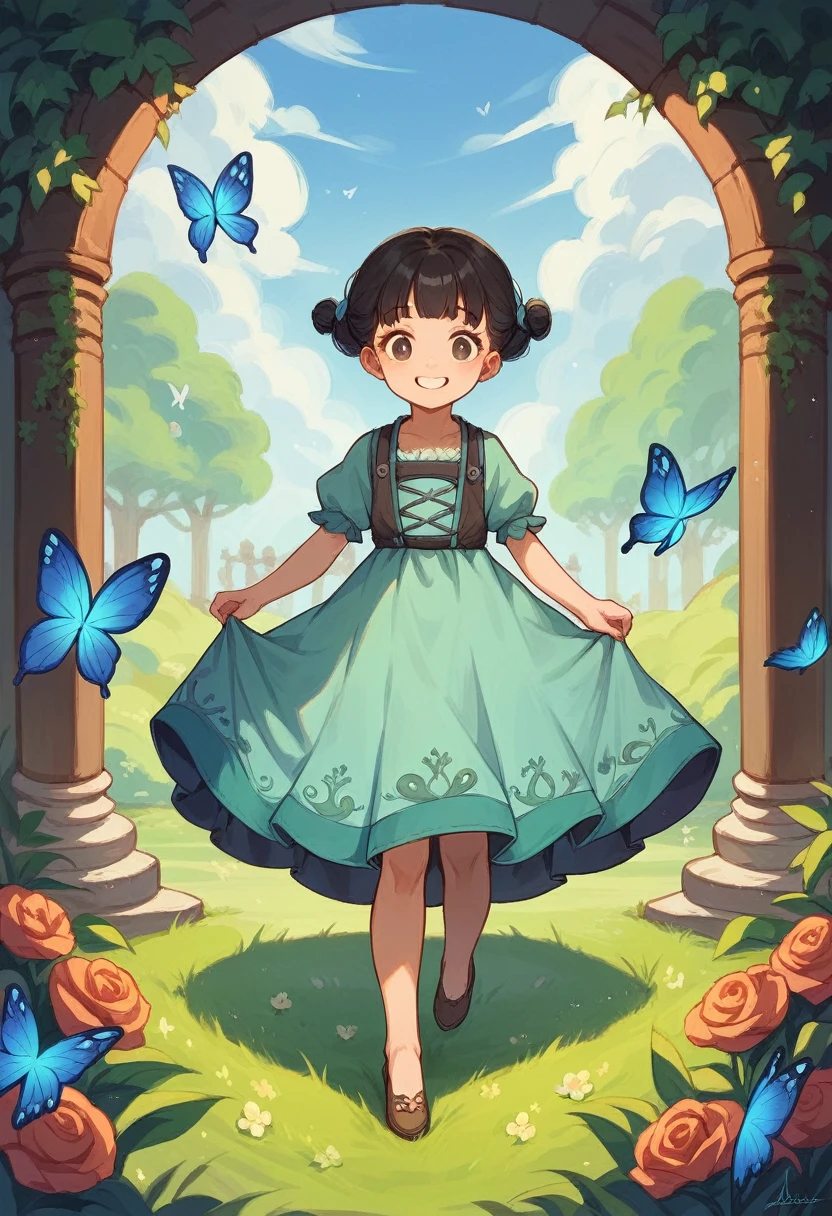 A 1 year old baby with dark hair, with princess dress, smiling in an enchanted butterfly garden