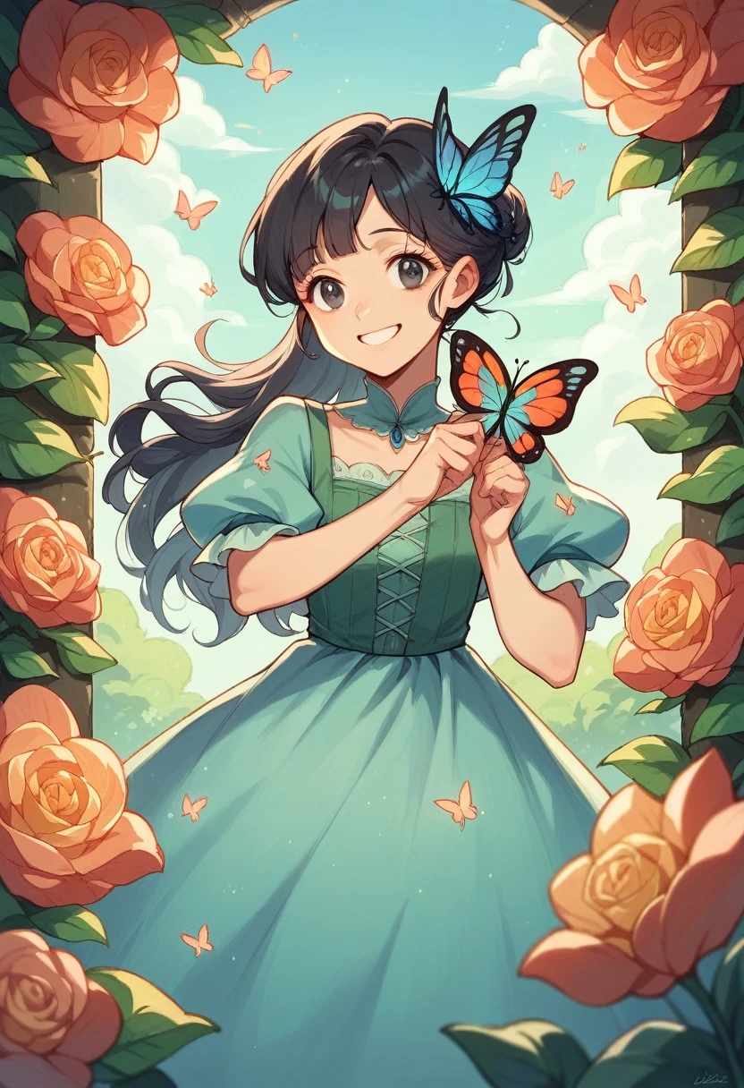 A 1 with dark hair, with princess dress, smiling in an enchanted butterfly garden