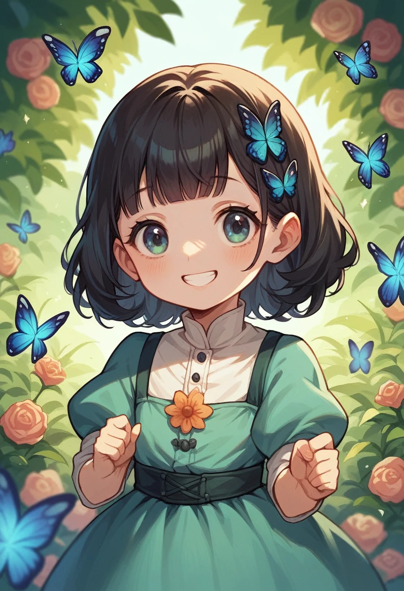 A 1 year old baby with dark hair, with princess dress, smiling in an enchanted butterfly garden 