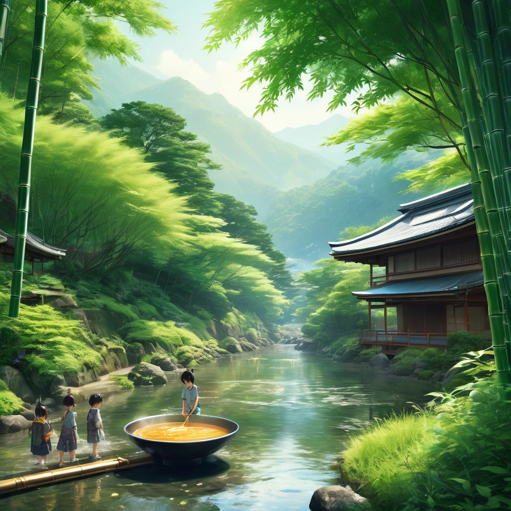which is a summer tradition of Japan, Nagashi somen, Bamboo Gutter, Somen, Clear Stream, Lush valleys, Sunlight filtering through the trees, Cool scenery, Families, Children's smile, Dip in soup, Scooping the noodles, Summer vacation, Original Japanese Landscape, Nostalgic, Digital interface, Futuristic Technology, 光るSomen, Fusion of nature and technology, Photorealistic, Art Station Quality, High resolution, Detailed texture, 8K, Concept Art, Instagram Post、beautiful Anime Scenery, Landscape painting, Beautiful digital painting, Andreas Rocha, Beautiful artwork illustration, Awesome Wallpapers, Raymond Han, Tall beautiful paintings, Studio Greeble Makoto Shinkai, Beautiful Wallpapers, Anime Scenery