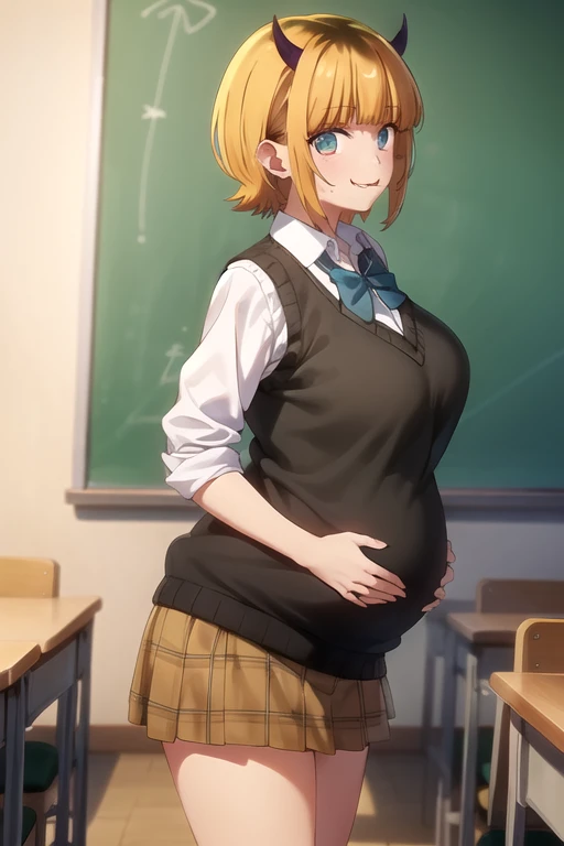Highest quality, masterpiece, detailed,8K、
memcho,
Mouth closed, :3, smile,
short hair, blonde, Multicolored Hair, Aqua Eye, Blunt bangs, Horn,
, Sweater vest, Collared shirt, Roll up your sleeves, Brown Skirt, bow tie,
Are standing,Hands on pregnant belly, Pregnant women、
classroom、From the side、Huge breasts:1.5