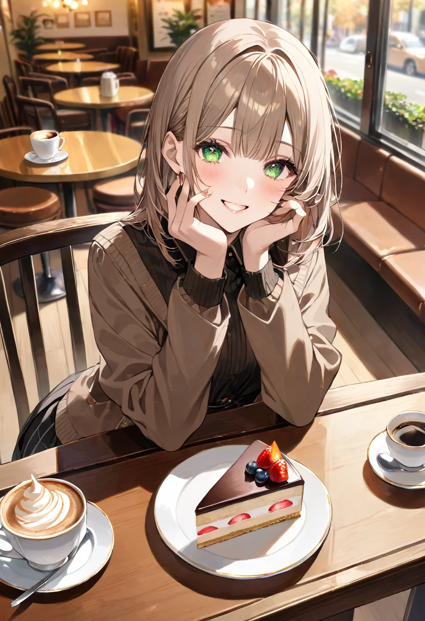 masterpiece, best quality, ultra detailed, sparkling eyes, foco nítido、detailed faces and eyes、(There is a plate of cake and coffee on the table, cafes, sitting on a mocha-colored table, dessert, Miniature Cafe Diorama, diner caffee, in coffee shop, cozy cafe background, enjoying coffee at a coffee shop, sitting in a cafe, shot with sony alpha 1 camera, by Maki Haku)、Sharp pupils、Realistic pupils、beauitful face、18 year old beautiful girl、shinny skin、Medium Short、Beautiful light brown hair、Blunt bangs、Green-eyed eyes、Autumn coordination、Black socks、Put your right hand on your cheek、(looking happy smile:1.2)、