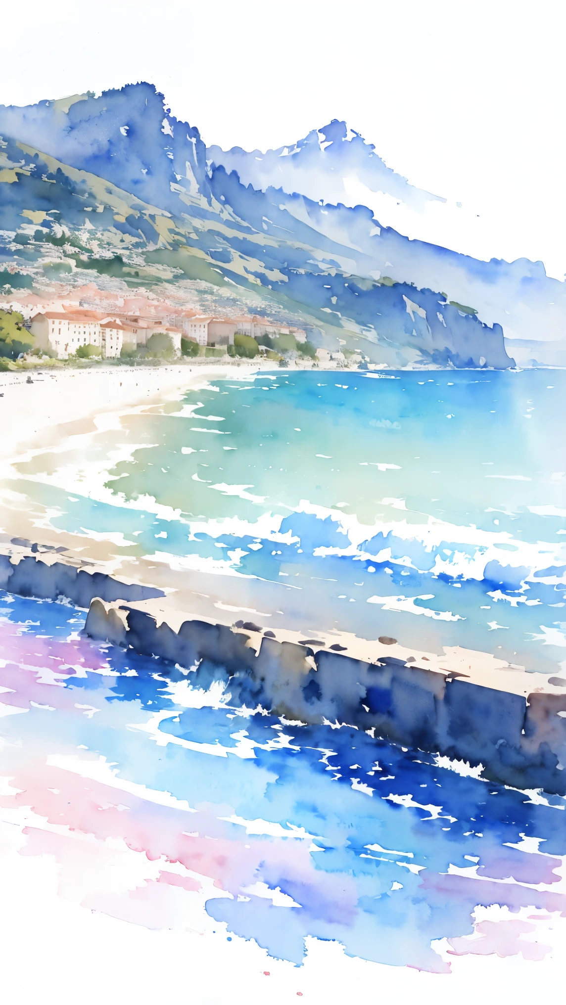 (masterpiece:1.2, Highest quality),(Very detailed),(((watercolor))),8K,wallpaper,Landscape of France,Nice beach,(((透明watercolor)))