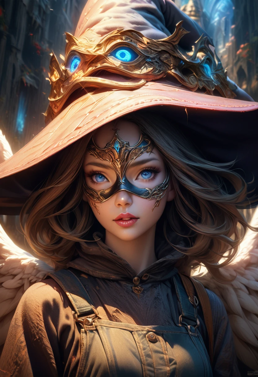 a girl wearing a witch hat, angel wings, overalls, and a mask, beautiful detailed eyes, beautiful detailed lips, extremely detailed face, long eyelashes, attractive, digital art, fantasy, highly detailed, 8k, photorealistic, masterpiece, cinematic lighting, vibrant colors, dramatic lighting, mystical, ethereal, surreal
