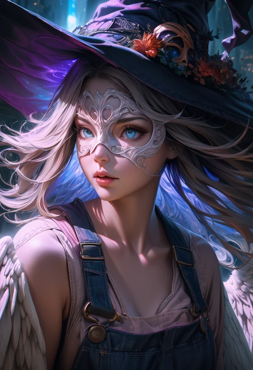 a girl wearing a witch hat, angel wings, overalls, and a mask, beautiful detailed eyes, beautiful detailed lips, extremely detailed face, long eyelashes, attractive, digital art, fantasy, highly detailed, 8k, photorealistic, masterpiece, cinematic lighting, vibrant colors, dramatic lighting, mystical, ethereal, surreal