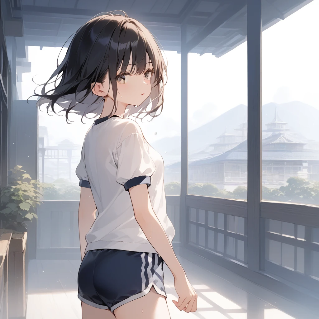 score_9, score_8_up, score_7_up, source_anime, best quality, masterpiece, official art, absurdres, highres, ultra-detailed,waifu2x,Collection: Slice of Life,break,1girl, 15-year-old, short hair, black hair, small breasts, beautiful detailed face, beautiful detailed eyes, well-proportioned iris and pupils, parted lips, beautiful detailed lips, gym uniform, byke shorts, sweat, expressionless, sleepily, back of school building, outdoors, wind, break,(clear line illustration:1.2),very high resolution, very aesthetic, super detailed skin, Best cinematic lighting powered by famous artist, 8k, beauty illustration,photoshop_(medium),,(Detailed Lighting),best anime 8k konachan wallpaper, pixiv contest winner,
