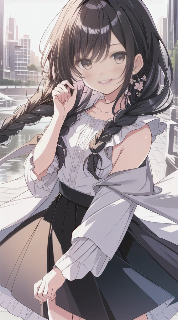Top Quality, Masterpiece, Ultra High Definition, 8K, Summer Sky, Early Summer, (Flared Skirt, Poncho, Cape), Shojo Manga Style Loli, One, Soft Line Art, Digital Enhancement, Shojo Manga Touch, Shojo Manga Core, Flowing Fabric, Close Up, (Hair length to the shoulders and short braids)), Wet hair, Soft drawing, Beautiful black hair, Clear eyes, ((Teasing smile)), Ultra-detailed digital anime art, clear face depiction, ultra-detailed shoujo manga character art, clear facial features, ultra-detailed manga style, top quality colors, hand gestures, cityscape, looking up at the sky, angle to see up to your feet