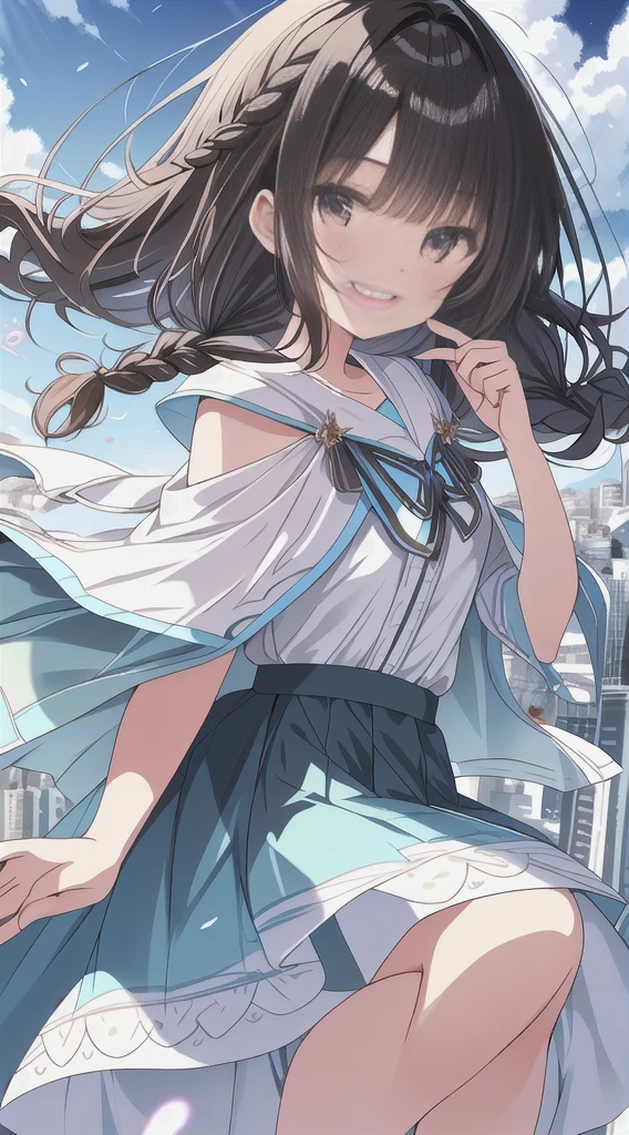 Top Quality, Masterpiece, Ultra High Definition, 8K, Summer Sky, Early Summer, (Flared Skirt, Poncho, Cape), Shojo Manga Style Loli, One, Soft Line Art, Digital Enhancement, Shojo Manga Touch, Shojo Manga Core, Flowing Fabric, Close Up, (Hair length to the shoulders and short braids)), Wet hair, Soft drawing, Beautiful black hair, Clear eyes, ((Teasing smile)), Ultra-detailed digital anime art, clear face depiction, ultra-detailed shoujo manga character art, clear facial features, ultra-detailed manga style, top quality colors, hand gestures, cityscape, looking up at the sky, angle to see up to your feet