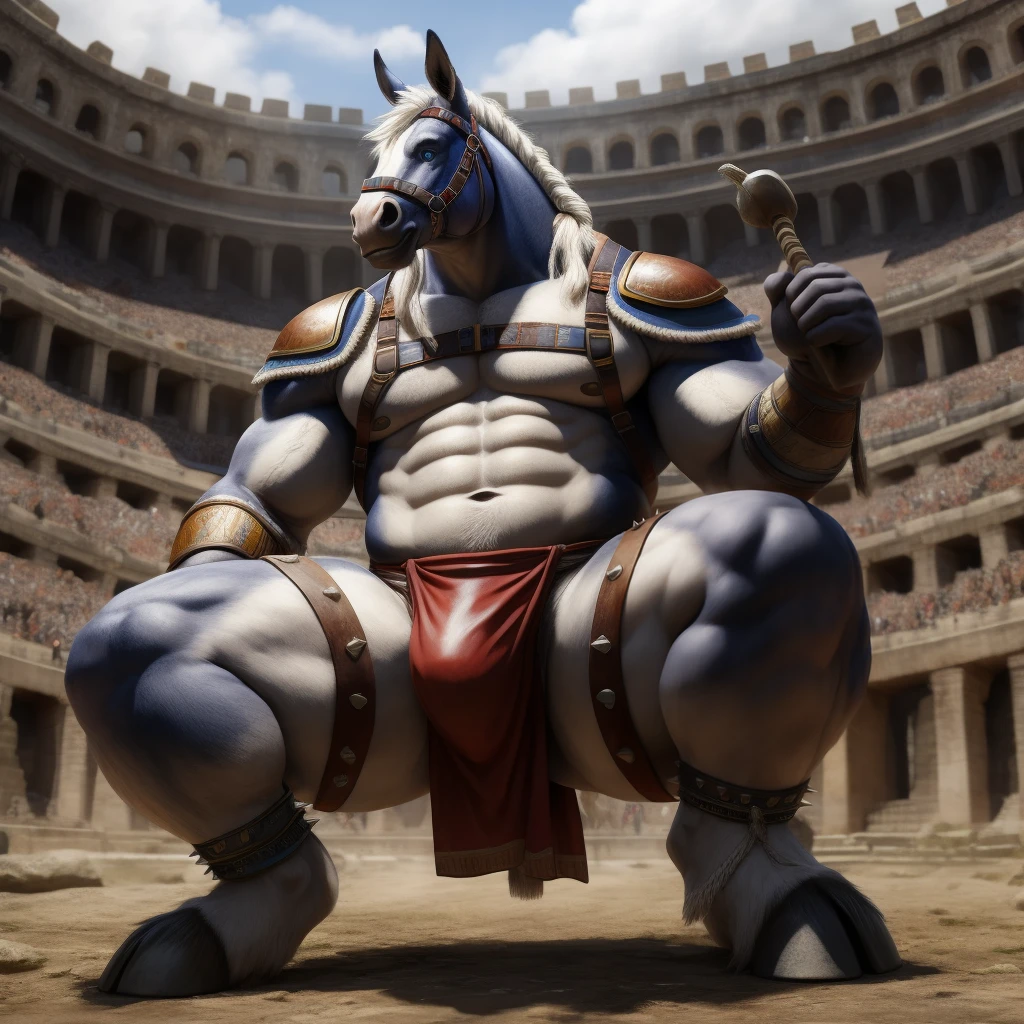 Furry, Kemono, Antropomorphic, Equine, solo, (Color White), Furry Antropometric legs, Hooves, Antro body, Bigg Ass, Male Bulge, Bigg Balls, Full body, Braided Mane, Roman gladiator armor, Gladiator, Black leather harness, Spiked Anklet, White fitted fundoshi, Roman arena, Blue Pupil Eyes, High Resolution, 4K Detailed, Good Lighting, Beautiful, Photorealistic, Realistic, White Fundoshi, tight loincloth, tale, tale horse