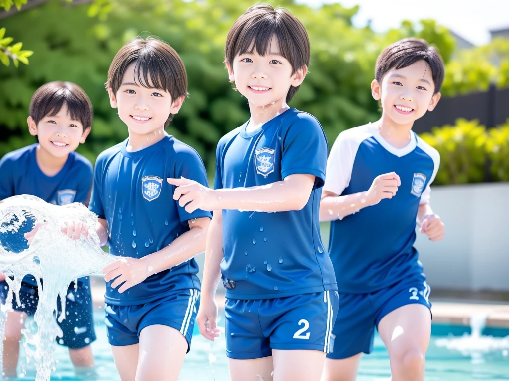 夏休みのprimary school校、Pool、primary school5Grade、Japan Boy、Glowing water splashes、A good boy dripping with water、hot day、Two Boys、Various poses、Short sleeve gym uniform、Blue shorts、physical education、barefoot,(Boy 1.4)、Boys only 、(10Age 1.4)
