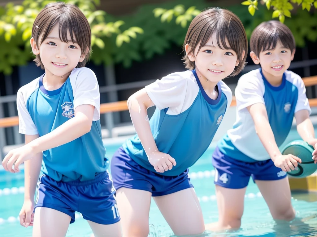 夏休みのprimary school校、Pool、primary school５Grade、Japan Boy、Glowing water splashes、A good boy dripping with water、hot day、Two Boys、Various poses、Short sleeve gym uniform、Blue shorts、physical education、barefoot，（Boy 1.4）、Boys only 、(１０Age 1.４)