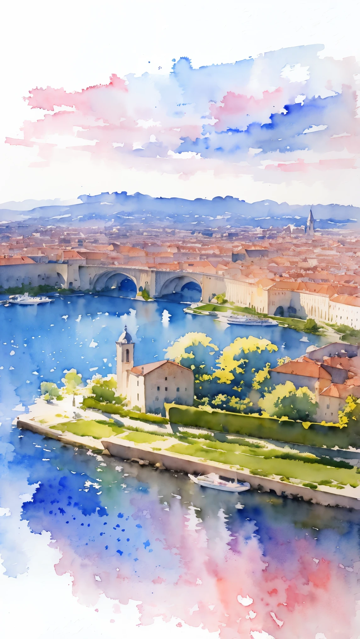 (masterpiece:1.2, Highest quality),(Very detailed),(((watercolor))),8K,wallpaper,Landscape of France,Bordeaux, the port of the moon
