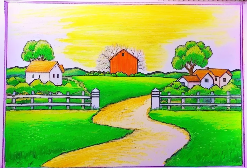 drawing of a country scene with a path leading to a house, scenery artwork, sunny landscape, scenery art detailed, landscape perspective, original and creative landscape, landscape - scenery, art station landscape, desenho, bright landscape, landscape art, pastel simple art, colorful drawing, traditional drawing style, color drawing, pastel art, colourful drawing, landscape scenery, simple drawing