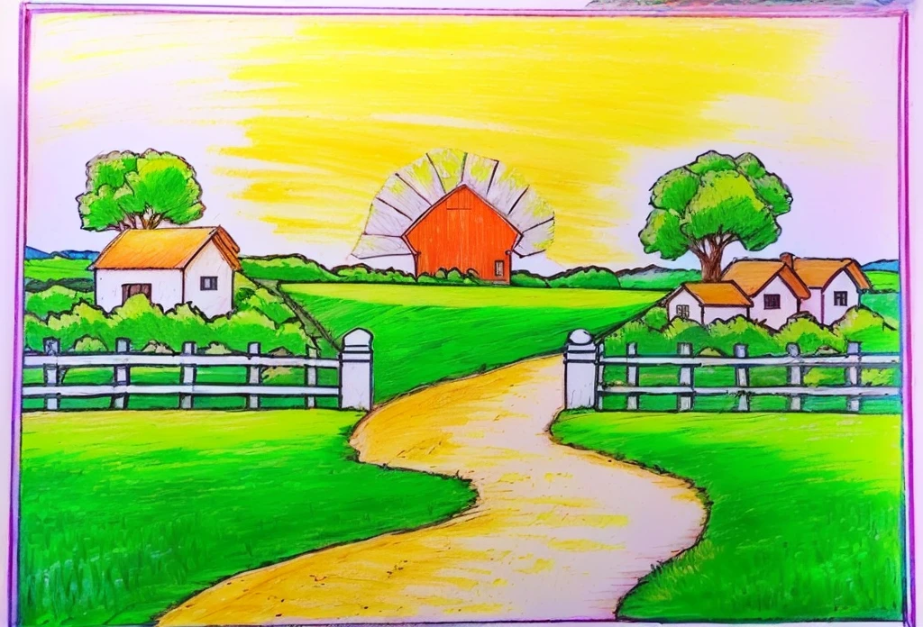 drawing of a country scene with a path leading to a house, scenery artwork, sunny landscape, scenery art detailed, landscape perspective, original and creative landscape, landscape - scenery, art station landscape, desenho, bright landscape, landscape art, pastel simple art, colorful drawing, traditional drawing style, color drawing, pastel art, colourful drawing, landscape scenery, simple drawing