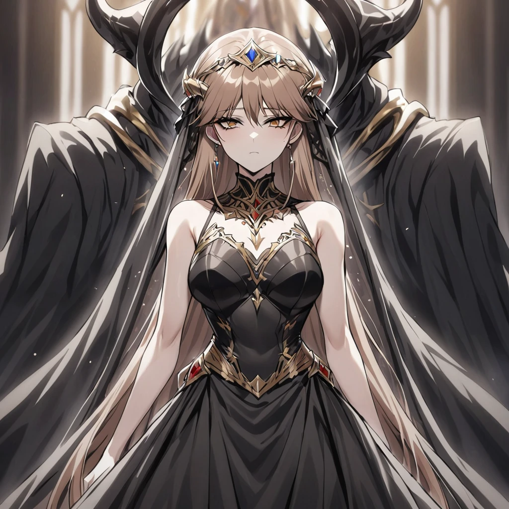 ((Highest quality)), ((masterpiece)), (detailed), （Perfect Face）、The woman is Princess Leona, with medium-long light brown hair. She is wearing a gorgeous black wedding dress decorated with gold and a black wedding veil, and is getting married to a dignified man who is the Demon King of an evil organization.、Women are brainwashed, expressionless, and have no highlights in their eyes.、The woman is getting married to a powerful demon king of an evil organization.、The powerful demon king of the evil organization embraces the woman.