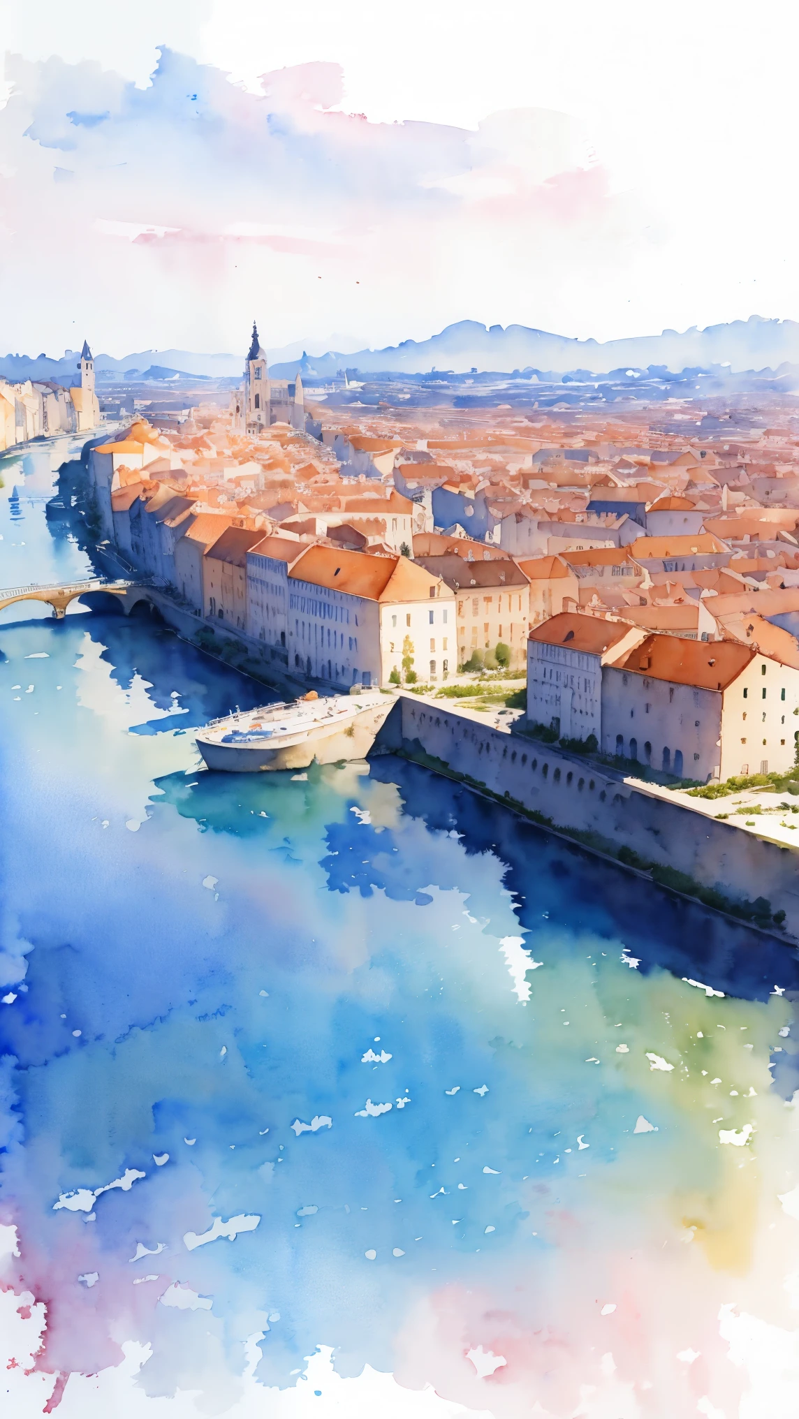 (masterpiece:1.2, Highest quality),(Very detailed),(((watercolor))),8K,wallpaper,Landscape of France,Bordeaux, the port of the moon