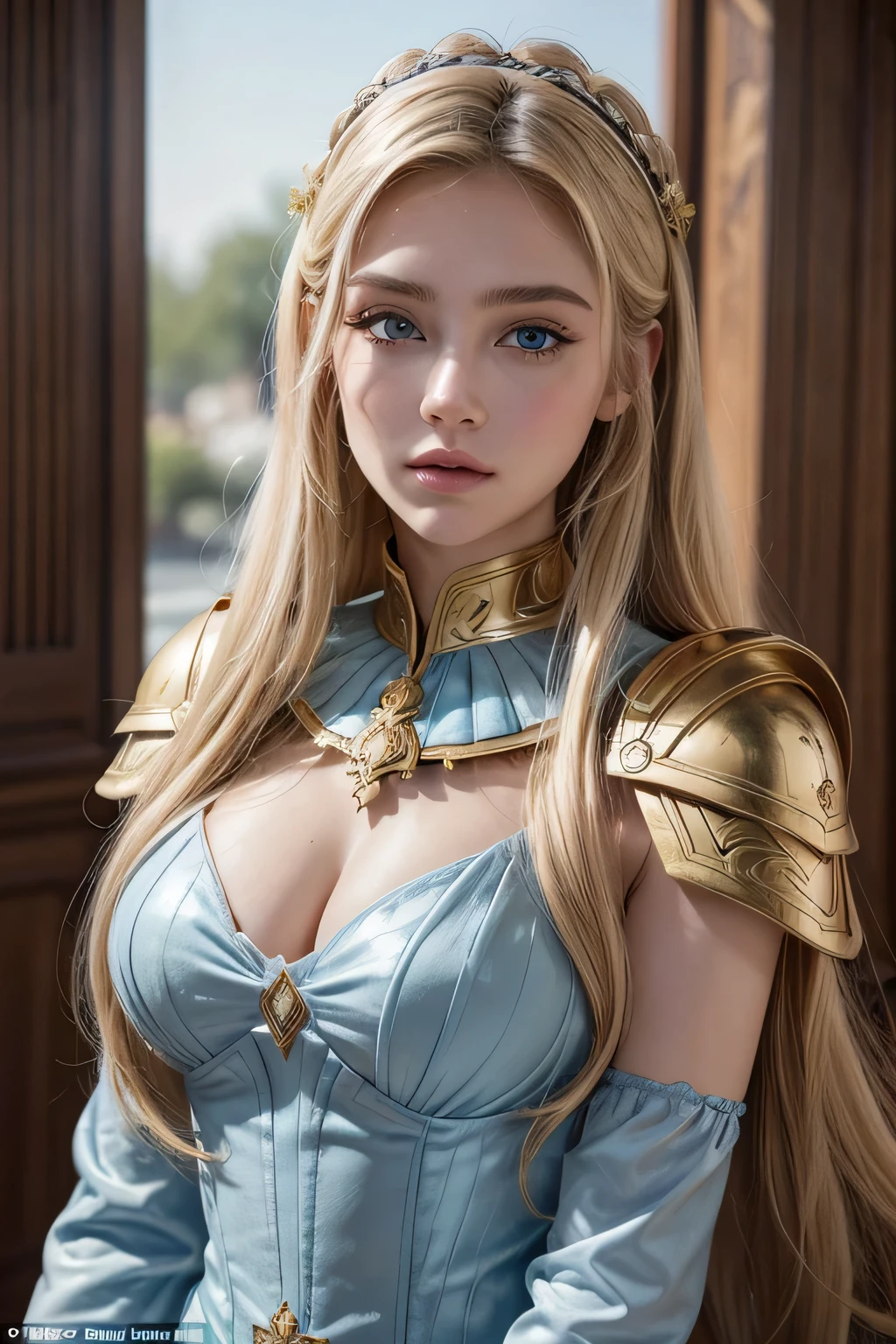 ((huge tit、Beautiful nipples、large areola:1.2)),(Shiny skin、Oiled skin, glistning skin、high gloss skin,、eye liner、Eye lashes、Blue Eye)、(masutepiece, Best Quality),(very intricate:1.3), (Realistic), 1girl in, A MILF, Caucasian, Perfect eyes, Perfect iris, perfect pupils, Perfect lips,Perfect nose, Perfect hands, Highly detailed hands, Perfect fingers,(platinum-blonde-hair、light wavy ponytail) , Small braid in her hair, (Medieval armor), metal reflective, Medieval Europe、Old castle, (Ornately decorated armor), (Insanely detailed, bloom:1.5), Chainmail, Pants are bikini armor、professional photograph of a stunning woman detailed, Sharp Focus, awardwinning, Cinematic lighting, Blurry background, Upper body, ((which are full of confidence)), (Pose:Looking at the camera),mechs,femele、Idol、22year old,(Cool beauties、a smile)、Hair that flutters in the wind、Put your hands on your chest