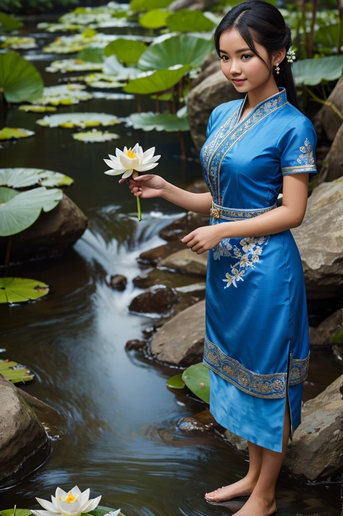 ((best quality)), ((Masterpiece)), (details), Young woman,blue thai dress,holding a white lotus,Neat gesture.,standing beside the stream