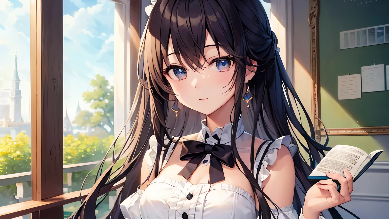 (Highest quality)), ((masterpiece)), (detailed), One Girl, Cafe、Upper Body、Medium Chest、holding a book in hand