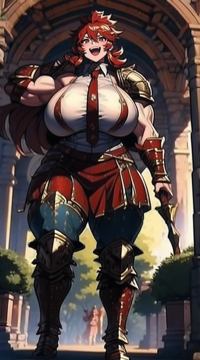 (Forrest:Face:LORA)(Curly Blonde Long Hair) full body, barefoot, solo, female, big breast, linen tunic, fantasy village, armor, Handcuffs on their hands with a collar around the neck, hands on hips, slave ((black choker, shackles on legs and arms))