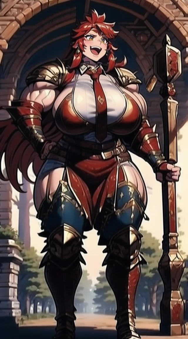 masterpiece, best quality, tomboy, warrior, berserker, tall female, muscular female, living hair, sauvage,, medieval clothing, fantasy, fantasy weapon, huge breasts, barbarian pants, combat boots, red hair, crazy smile, open mouth, biceps, necktie, thick arms,long hair,pants, pullover,medieval armor, staff holding