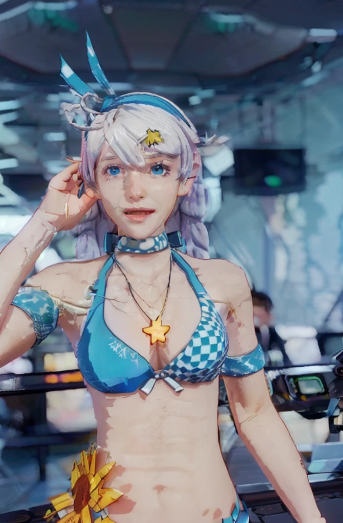 8K, Highest quality, masterpiece, (ultra-detaileded:1.1), (high detaileded skin),
A girl is DJing at a bar, It's DJ time, night, Colorful neon lights, Cyberpunk Style, naughty face, Carnival Scene, Intoxicating atmosphere, Lost Self, Dancing crowd, bar woman, DJ activities, From above,
Ticker, Swimwear, blue eyes, bikini, Long Hair, sunflower, twin Braidings, Braiding, necklace, hair ornaments, hair band, Laughter,
(beautiful_face), ((complicated_detailed)), clear face,
((Are you okayly_detaileded)), Are you okay_fabric_emphasize,
((Shiny)), full_shot