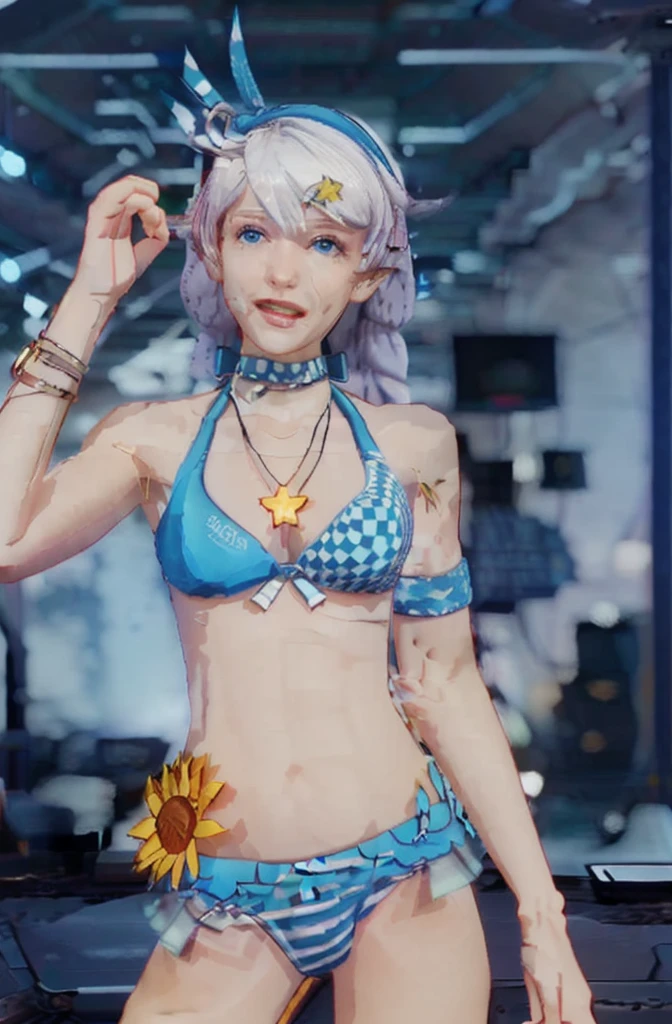 8K, Highest quality, masterpiece, (ultra-detaileded:1.1), (high detaileded skin),
A girl is DJing at a bar, It's DJ time, night, Colorful neon lights, Cyberpunk Style, naughty face, Carnival Scene, Intoxicating atmosphere, Lost Self, Dancing crowd, bar woman, DJ activities, From above,
Ticker, Swimwear, blue eyes, bikini, Long Hair, sunflower, twin Braidings, Braiding, necklace, hair ornaments, hair band, Laughter,
(beautiful_face), ((complicated_detailed)), clear face,
((Are you okayly_detaileded)), Are you okay_fabric_emphasize,
((Shiny)), full_shot