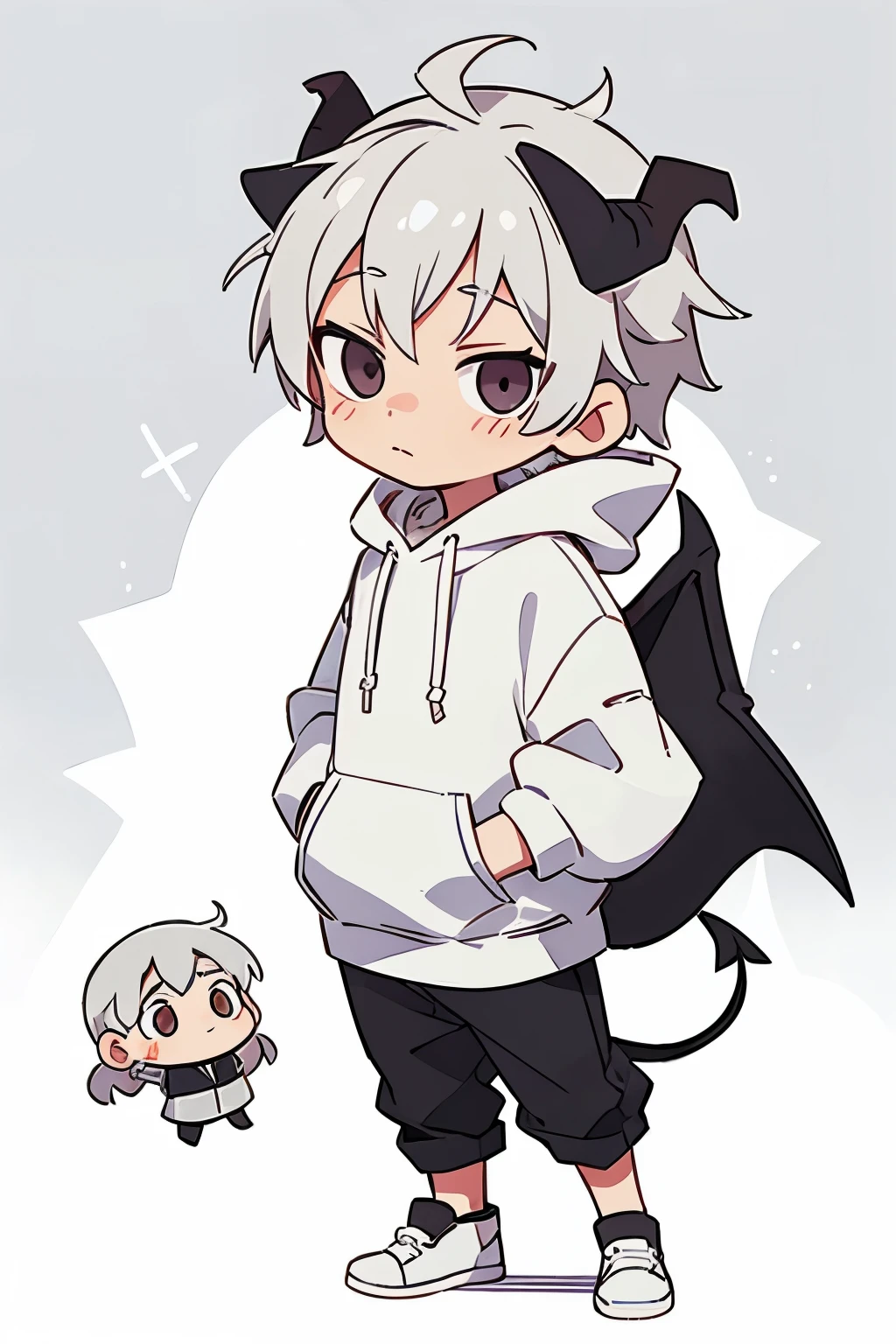 chibi drawing, Boy, white, with gray hair, wearing a white hoodie and black demon horns
