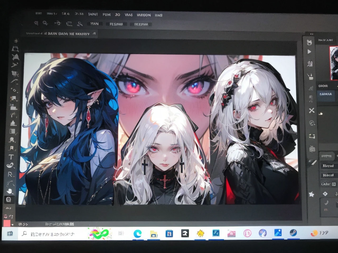 Make an anime poster, has 4 women in it, on the left side a classy dressed beauty with only the colors red and white, has an angelic presence but a demonic personality, she wears a hat on her head and a long mature gown. On the middle, a millitary general with black and white hair, and a blindfold covering her eyes. Behind her in the back, a woman faded in the background, only her eyes red Phoenix can be seen. Finally at the very right side a nun with a blindfold and a church nun fantasy black dress, holding her hands together symbolizing a prayer gesture.