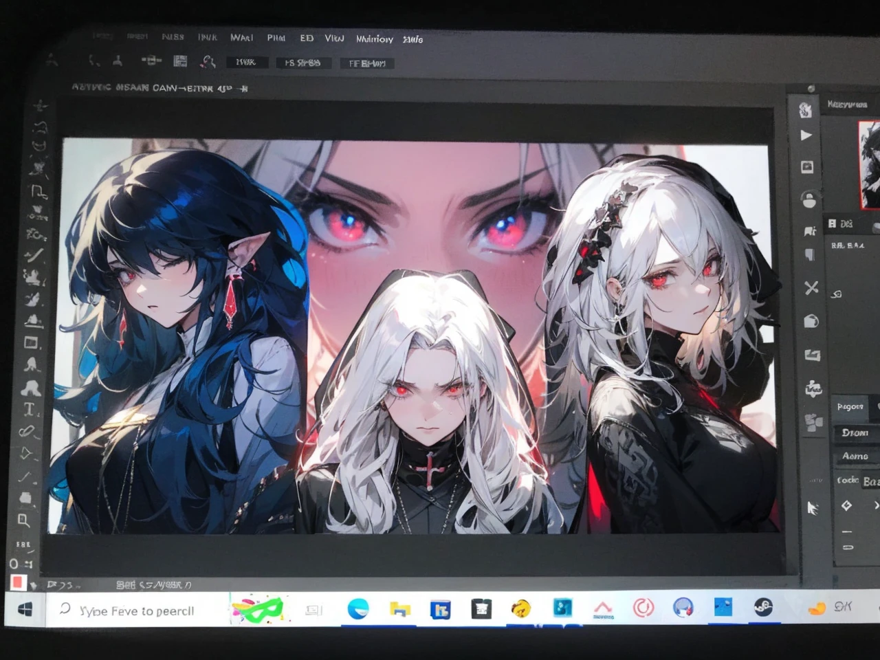 Make an anime poster, has 4 women in it, on the left side a classy dressed beauty with only the colors red and white, has an angelic presence but a demonic personality, she wears a hat on her head and a long mature gown. On the middle, a millitary general with black and white hair, and a blindfold covering her eyes. Behind her in the back, a woman faded in the background, only her eyes red Phoenix can be seen. Finally at the very right side a nun with a blindfold and a church nun fantasy black dress, holding her hands together symbolizing a prayer gesture.