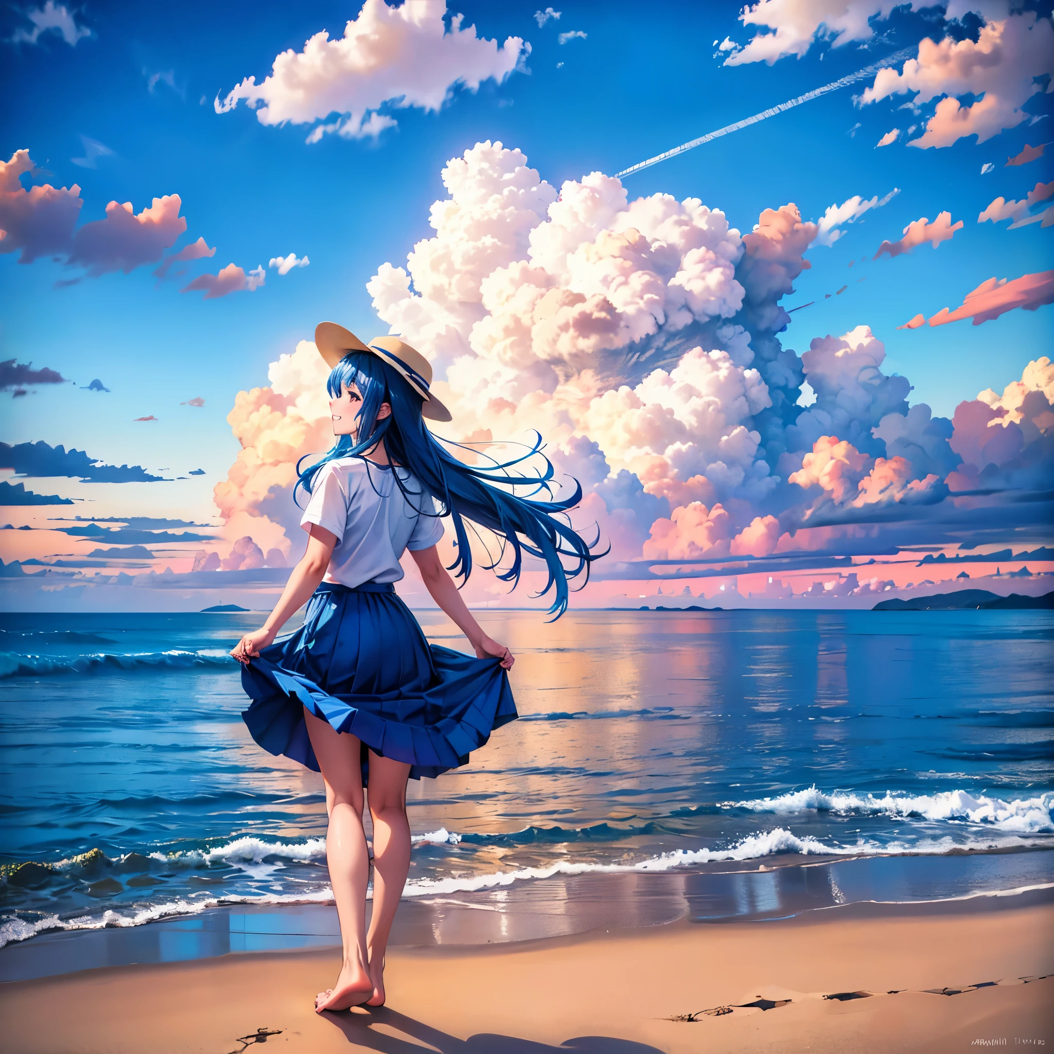 absurdity, high resolution, (official art, beautiful and aesthetic: 1.2), sparkling sky, vast world,((1 girl)), staring, awe-inspiring expression, distant horizon, clouds, natural beauty, inspiration, light effect, wide shot, from afar,beautiful woman, (masterpiece), (high resolution 8K), professional illustration, 1 girl, late teenage, walking, long shot, from behind, , short sleeve shirt, blue skirt,hat, long hair, blue hair, smile, looking up, on the beach, blue sky, daytime, in summer, natural lighting, detailed body, detailed skin