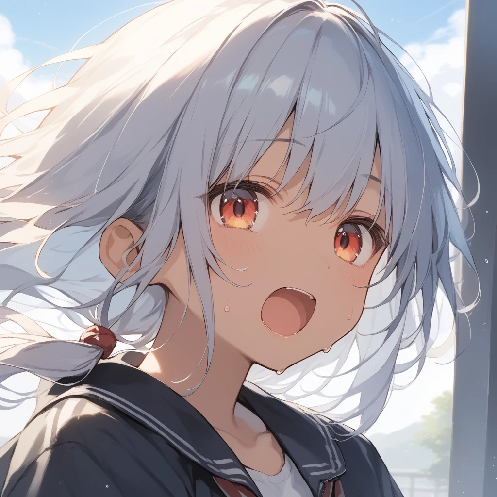 score_9, score_8_up, score_7_up, source_anime, best quality, masterpiece, official art, absurdres, highres, ultra-detailed,waifu2x,Collection: Slice of Life,break,1girl, tomboy, dark-skinned female, short hair, low ponytail, flat chest,  beautiful detailed eyes, short shorts, sweat, open mouth, (yawn:0.3), sleepily, outdoors, wind, break,(clear line illustration:1.2),very high resolution, very aesthetic, super detailed skin, Best sexual lighting powered by famous artist, 8k,cute picture,beauty illustration,photoshop_(medium),,(Detailed Lighting),best anime 8k konachan wallpaper, pixiv contest winner, 
