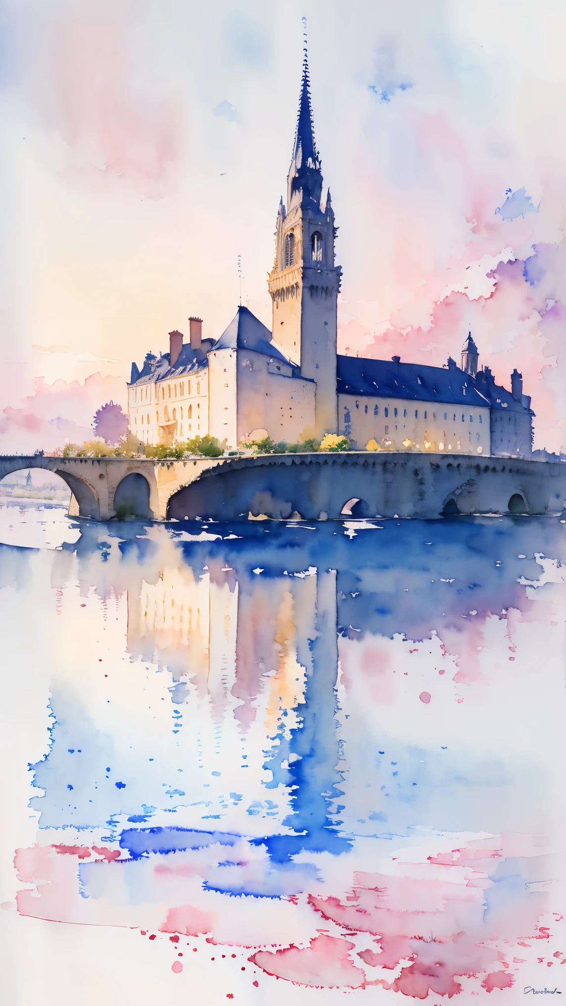 (masterpiece:1.2, Highest quality),(Very detailed),(((watercolor))),8K,wallpaper,Landscape of France,Bordeaux, the port of the moon,(((透明watercolor)))