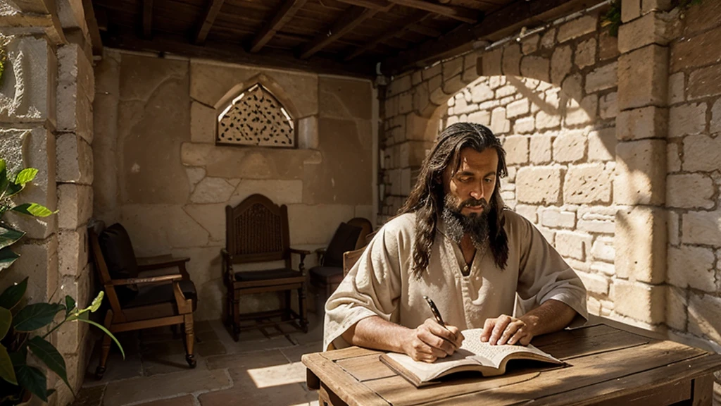 John the Baptist in early church times sitting on the porch of a 1st century house, writing on parchment- A clear environment, Middle Eastern with period houses
