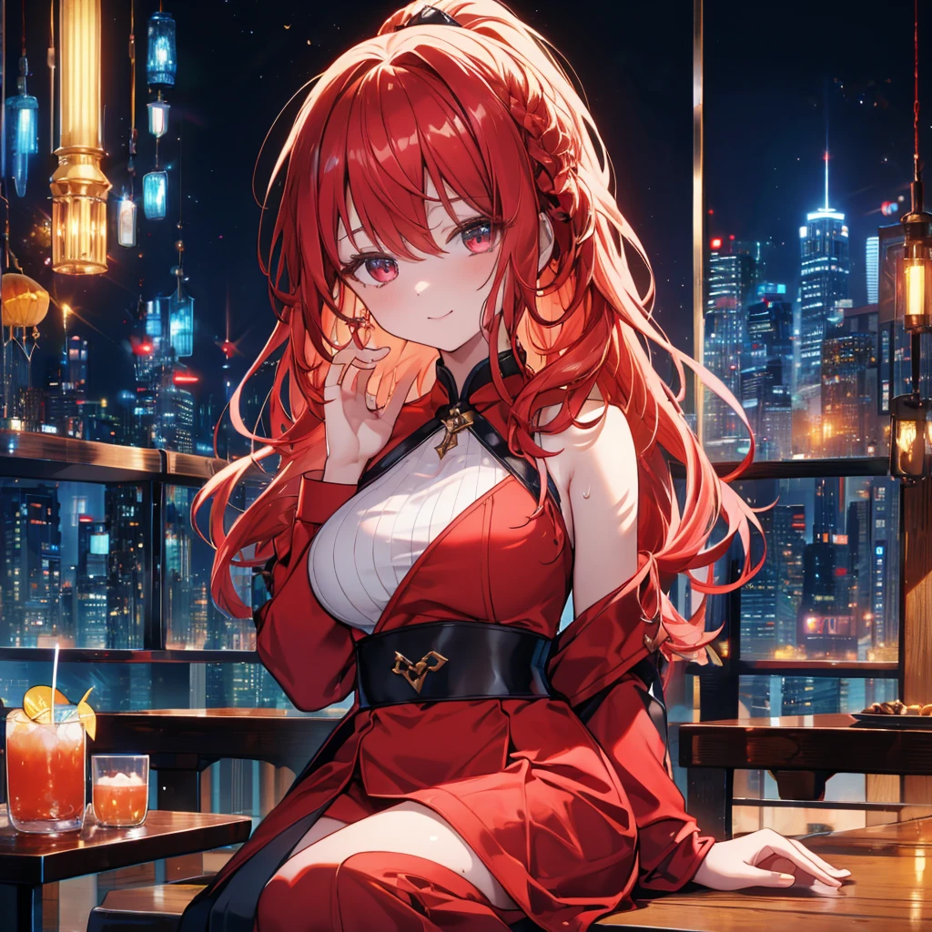 Woman sitting at a bar drinking a cocktail, Quiet bar, Calm expression, Perfect hands, elder, Red Hair, The dignity of a 50-year-old, ほろ酔いのwoman, solo、(Highly detailed background:1.0)、(Highly detailed background:1.0)、masterpiece、Highest quality、(Babes)、Fractal Art、Red eyes、Narrow eyes、Black and red dress, Reddish lips、From the shoulders up、smile、One Woman、Red long ponytail, Curly Hair, Red eyes,Golden accessories, solo, Big Breasts, woman, Take-out, Provocative laughter,40 year old woman,Queen of Sadism, Highly detailed background, Perfect Human Medicine, Sweat,