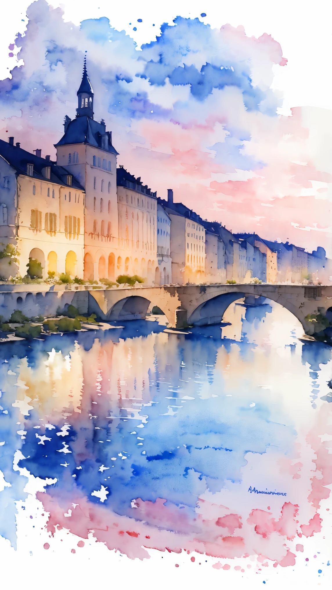 (masterpiece:1.2, Highest quality),(Very detailed),(((watercolor))),8K,wallpaper,Landscape of France,Bordeaux, the port of the moon,(((透明watercolor)))