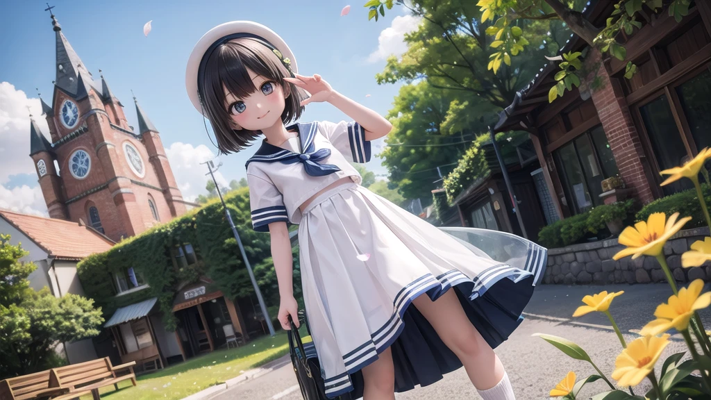 (masterpiece), town, blue sky, One Girl, smile, alone, Sailor suit、Long skirt, Overgrown, petal, plant、Skirt lining、Translucent slip、Nostalgic