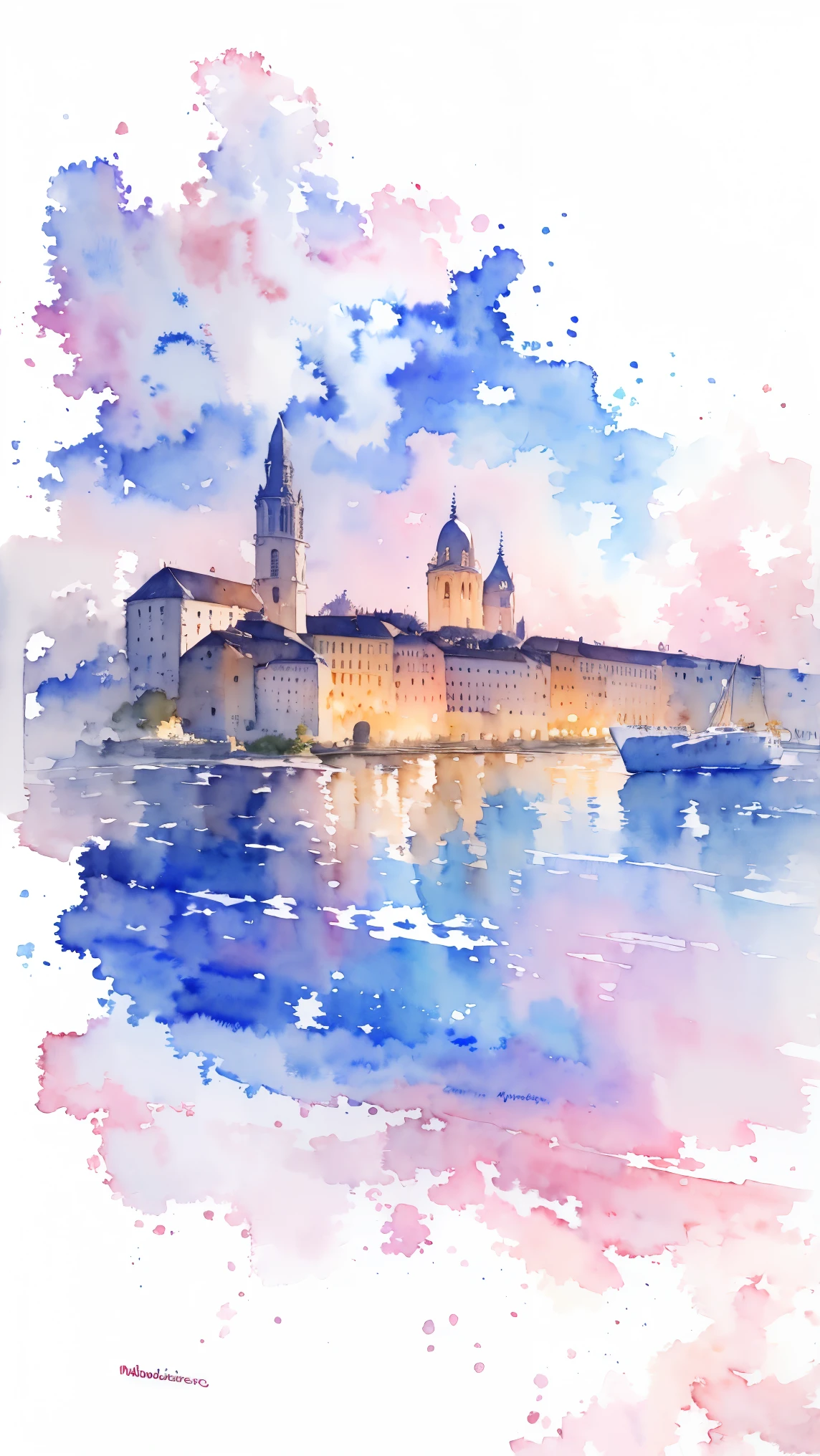 (masterpiece:1.2, Highest quality),(Very detailed),(((watercolor))),8K,wallpaper,Landscape of France,Bordeaux, the port of the moon,(((透明watercolor)))