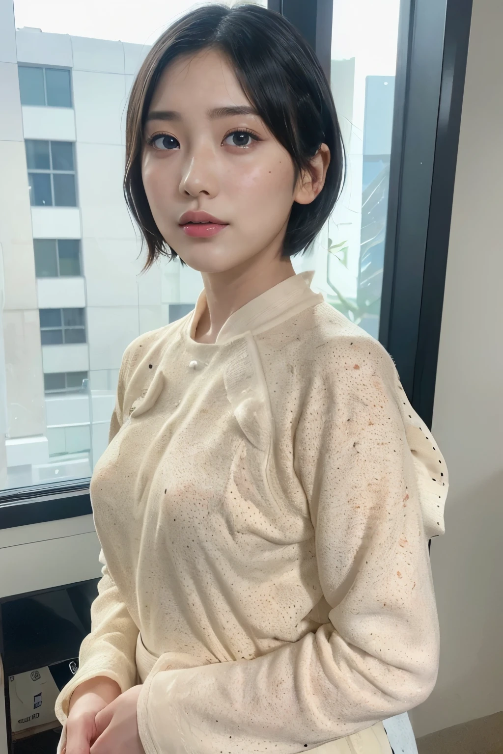 (photorealistic:1.2), 1 young female, (beautiful face:1.2), (頬にそばかす, freckle:1.8), (baby face, no makeup:1.3), break, (full body shot:1.5), break, indoor, classroom, (dynamic angle:1.1), from side, break, photo of young Japanese female, (14 years old:1.4), detailed pores and skin lines, break, happy, very fine eyes, break, (small breasts:0.5), black eyes, black hair, short cut hair, break, (eyes and faces with detailed:1.0), break, (masterpiece, best quality, ultra detailed, detailed face, 8k), (rim light:1.2)