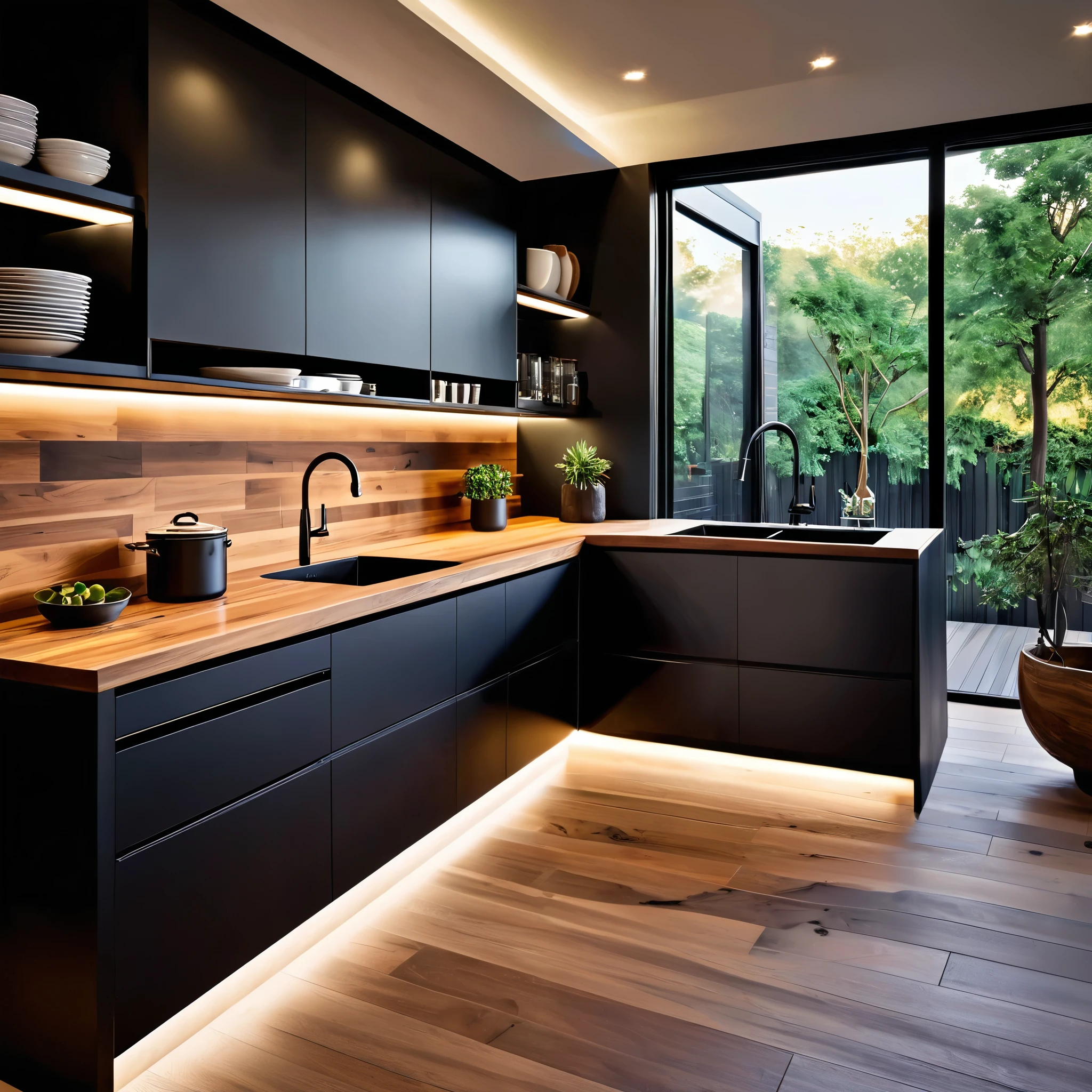 Design a sleek and modern kitchen with a minimalist aesthetic. The kitchen features black cabinets and a wooden countertop with matching wooden backsplash. Integrated lighting under the cabinets and at the base of the cabinetry creates a warm and inviting glow. The space includes modern appliances, such as a built-in oven and a sleek black sink. The flooring is wooden, complementing the warm tones of the countertop and backsplash. The overall design is elegant and contemporary, with clean lines and a functional layout.