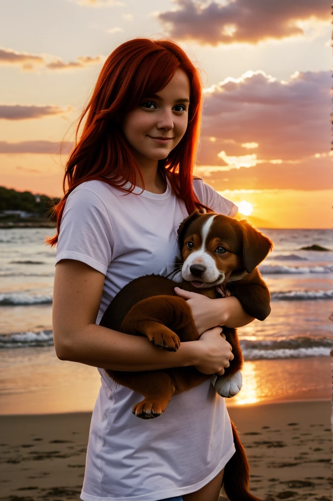 Cute red-haired girl with a puppy in her arms against the backdrop of a beautiful sunset