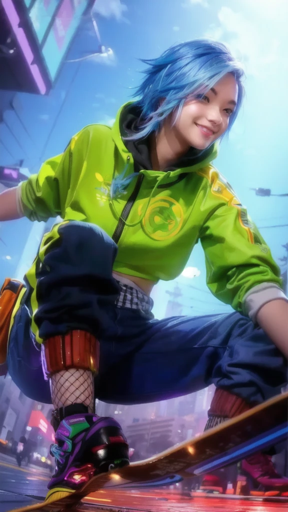 person on a skateboard in a city, female lucio, rossdraws cartoon vibrant,
