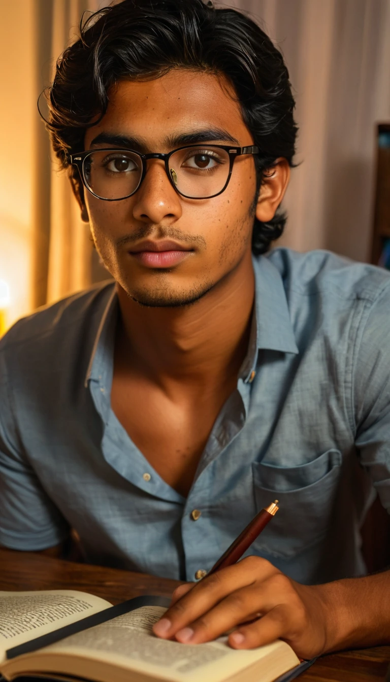 (Photography, Realism: 1.4),
23 years old, male, black hair, smart looking, Maldivian, highly detailed eyes, highly detailed face, brown eyes, freckles, glasses, reading in his home, at nigh, donte look camera